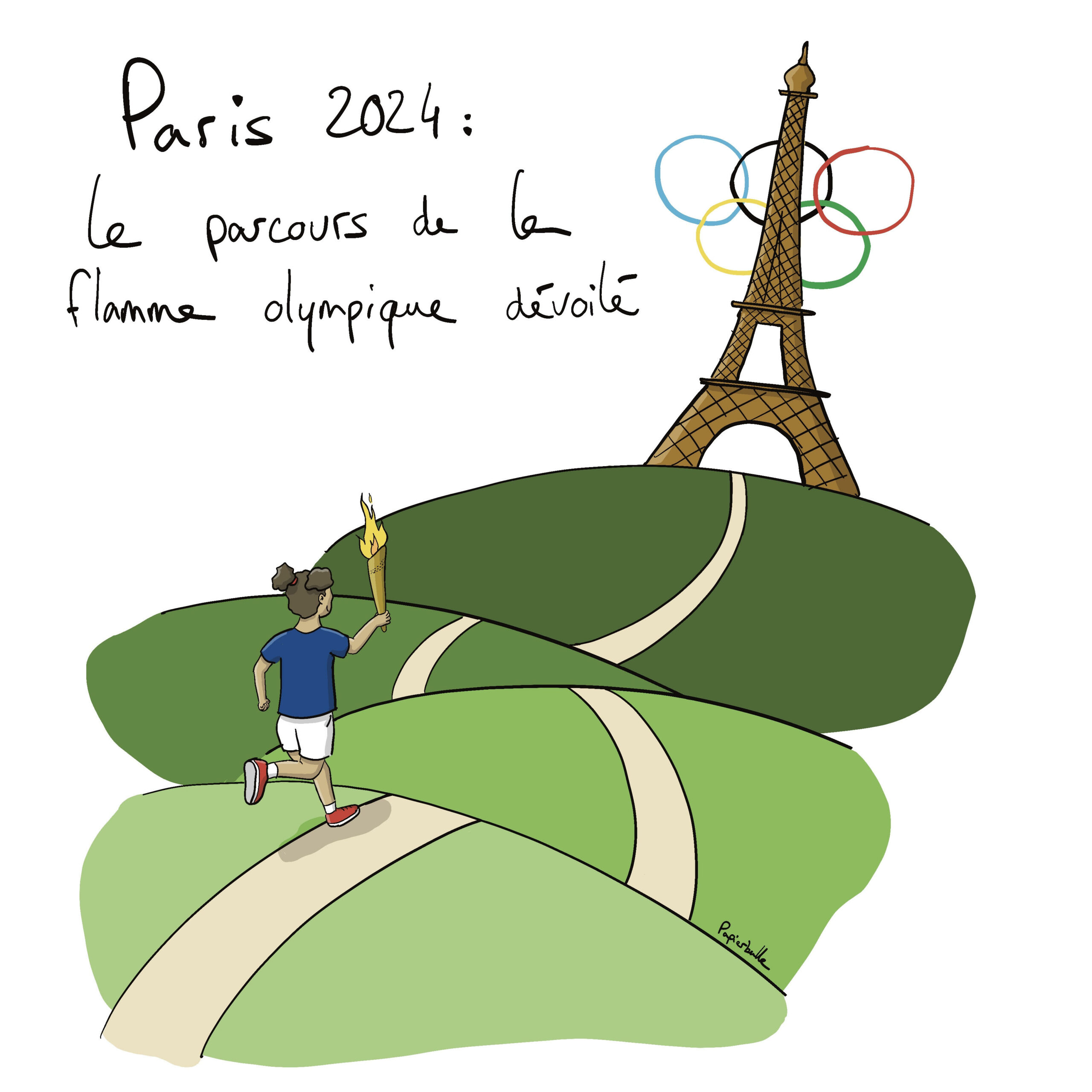 Paris 2024 JO Jeux olympiques flamme France parcours tour eiffel parcours papierbulle papier bulle illustrateur freelance illustration